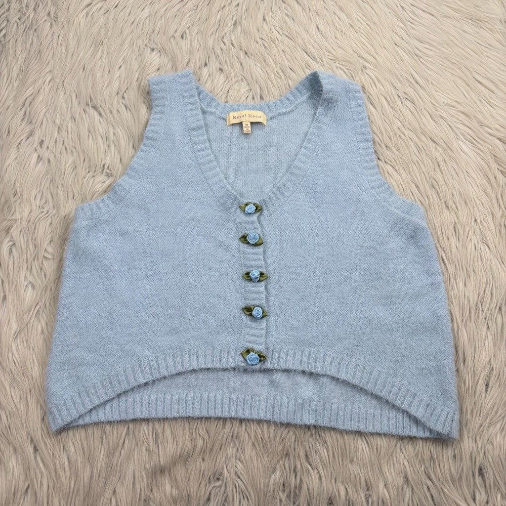 Hazel Moon Women's M Blue Plush Knit Sweater Vest Floral Coquette Soft‎ Girl